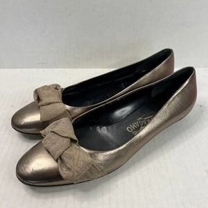 Salvatore Ferragamo Gold W Balletto Ballerina W/ Bow Flats